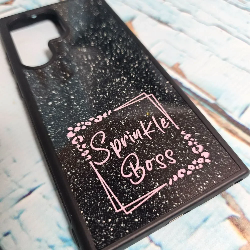 Custom “Sprinkle Boss” Samsung Galaxy S23 Ultra Case Black Glitter Handmade